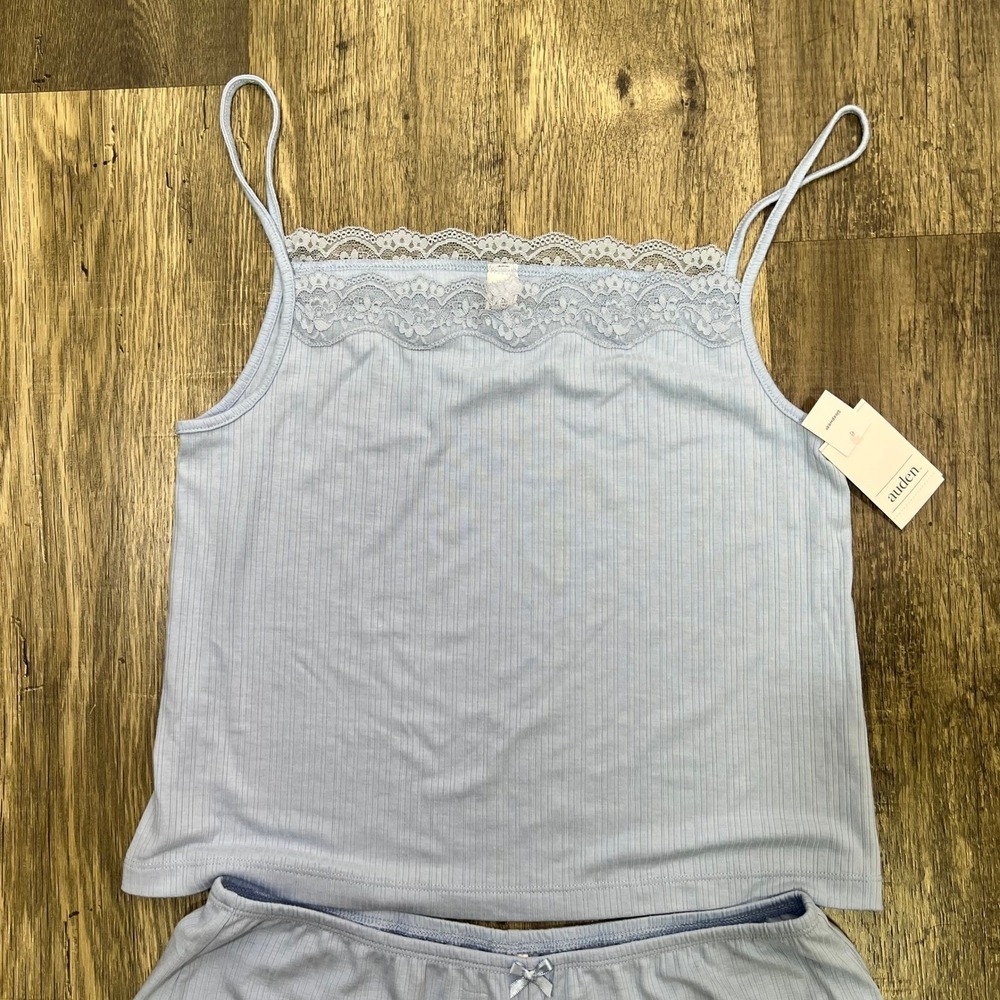 Auden Light Blue Ribbed Lace Trim Pajama Set Cami and Shorts Size XS NEW - Picture 2 of 6